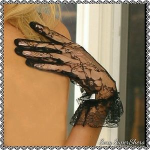 🆕 BLACK Lace wrist length lingerie gloves ruffle